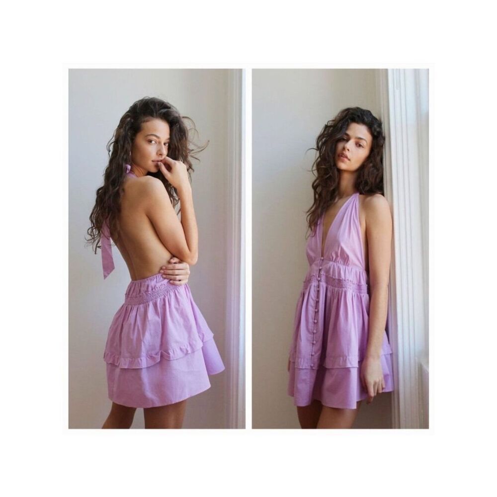 Free People NWT Sail Away Halter Lilac Mini Dress With Button Front Size L